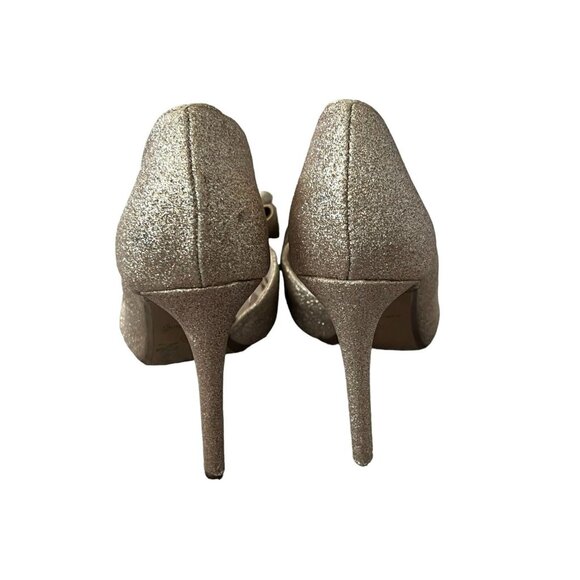 Betsey Johnson Stiletto High Heel Shoes Size 7 Gold Iris Pointed Toe Bow - Picture 5 of 10